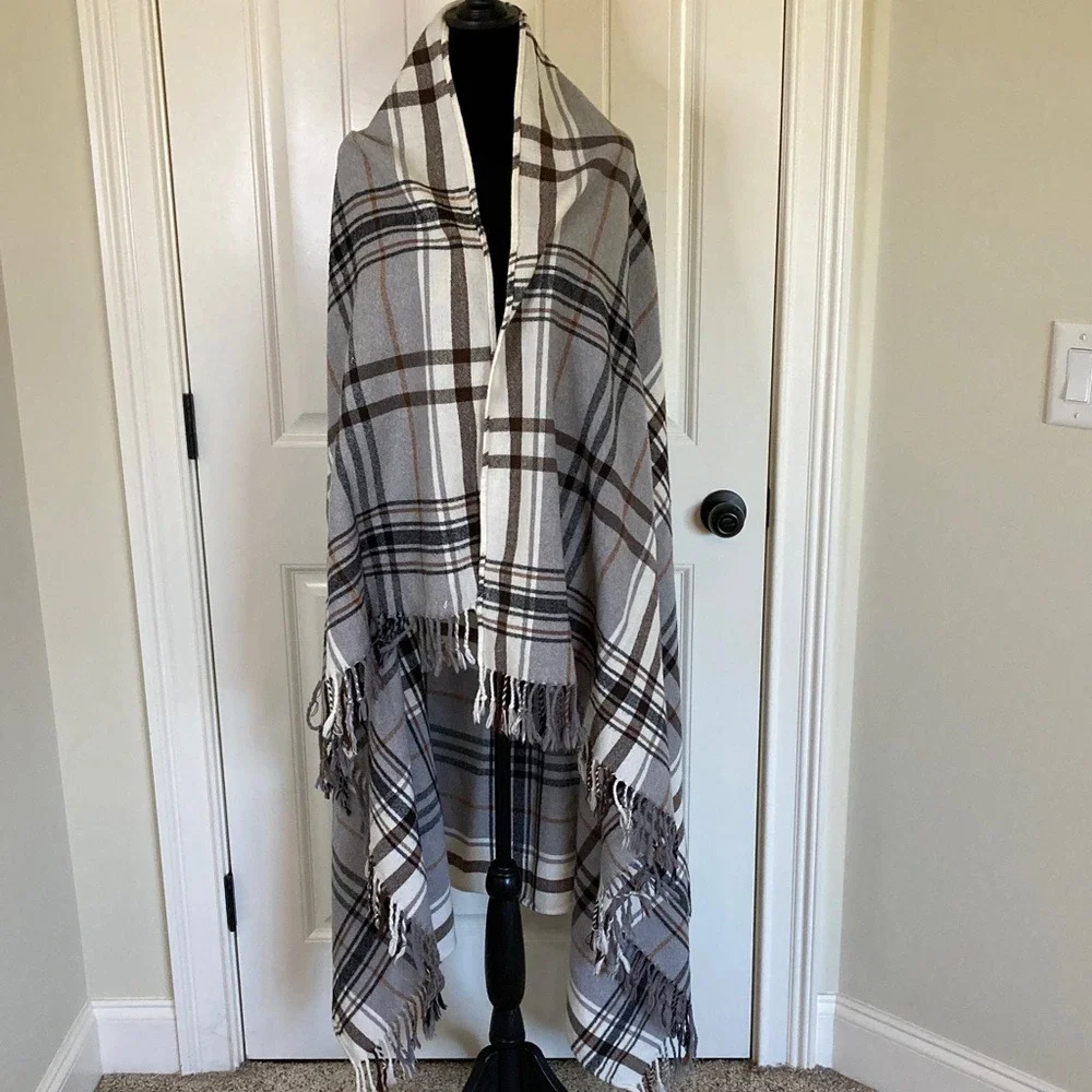 Plaid Fringe Blanket Shawl Scarf Grey‎ Cream Brown 25x63 Classic Preppy Fall